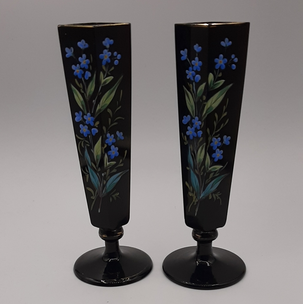 Pair Antique Black Glass Bus Vases Hand Painted Enamel Floral Gold Gilt Accent